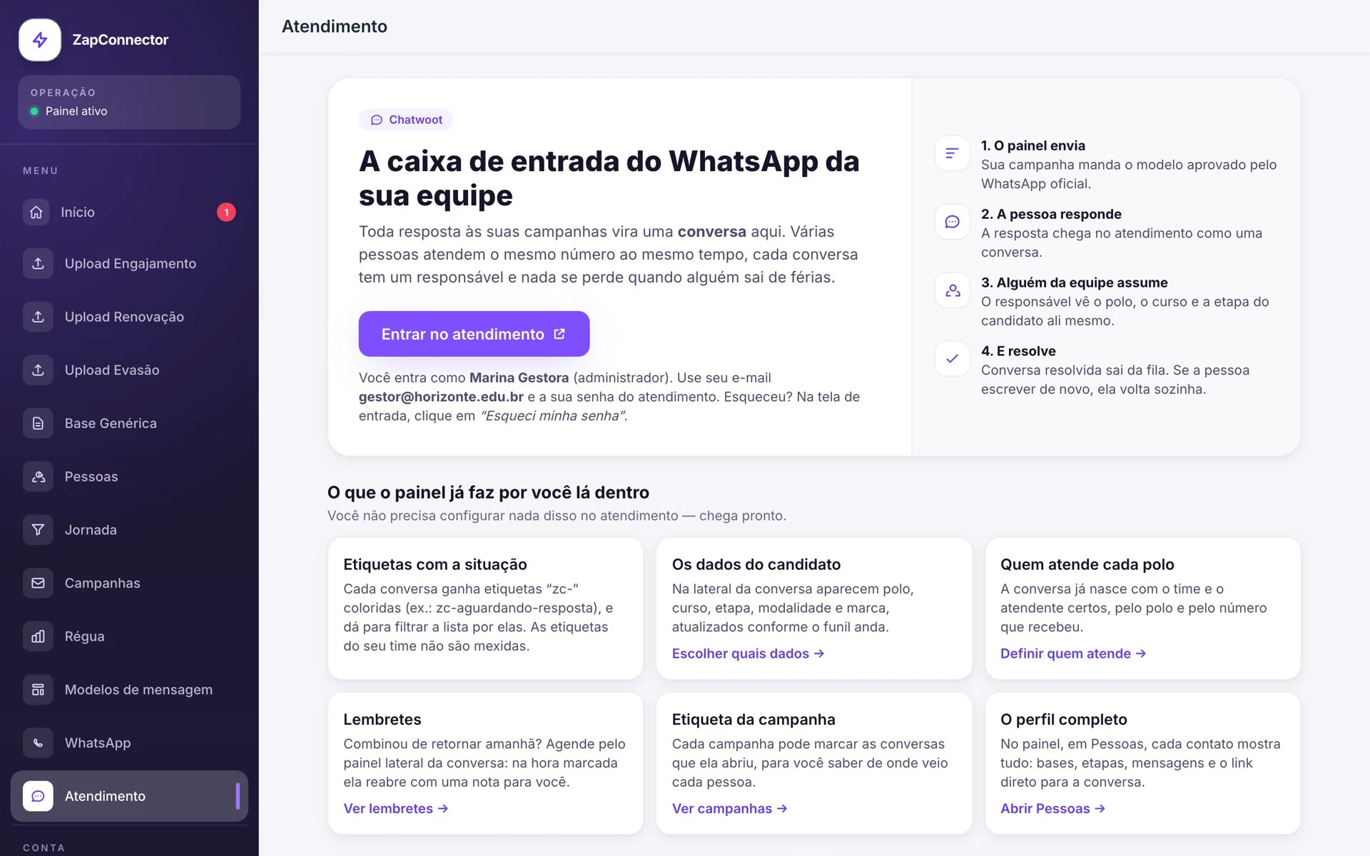 Área de acesso ao atendimento do ZapConnector e apresentação dos recursos para consultores.